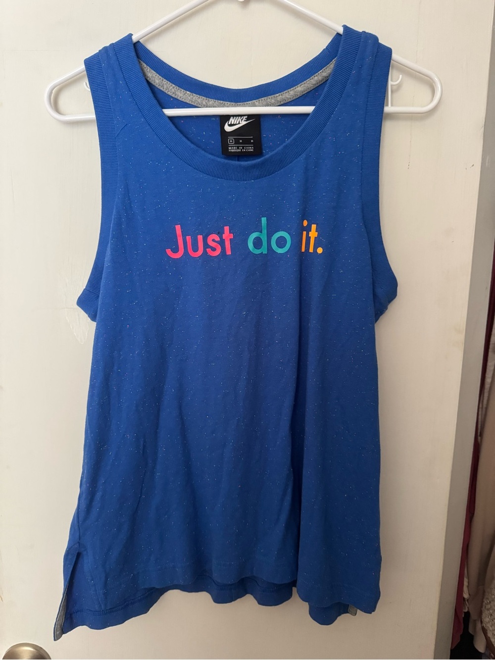 Nike Blue Muscle Tank with Multicolor "Just do it." Logo